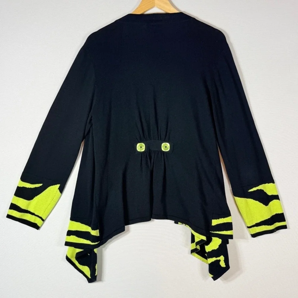 Abbie Mags Large Cardigan‎ Black Lime Womens Open Front Artsy Modern Abstract